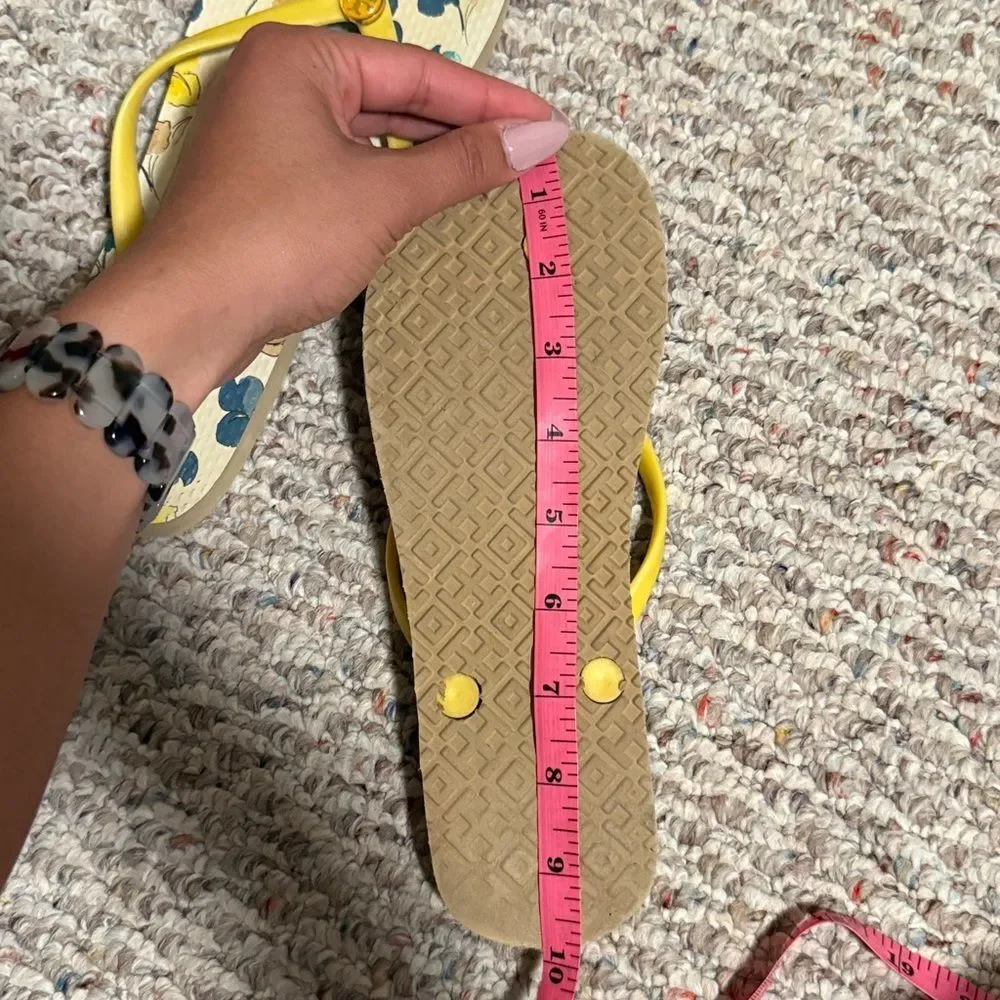 Tory Burch Floral Flip Flops Yellow Floral Slim Strap- Size 8